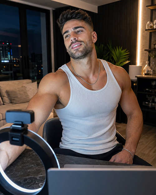 Athletic male webcam model streaming live with phone and ring light at night
