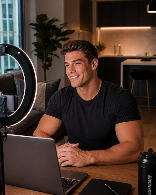 Male fitness model working from home with laptop and streaming setup